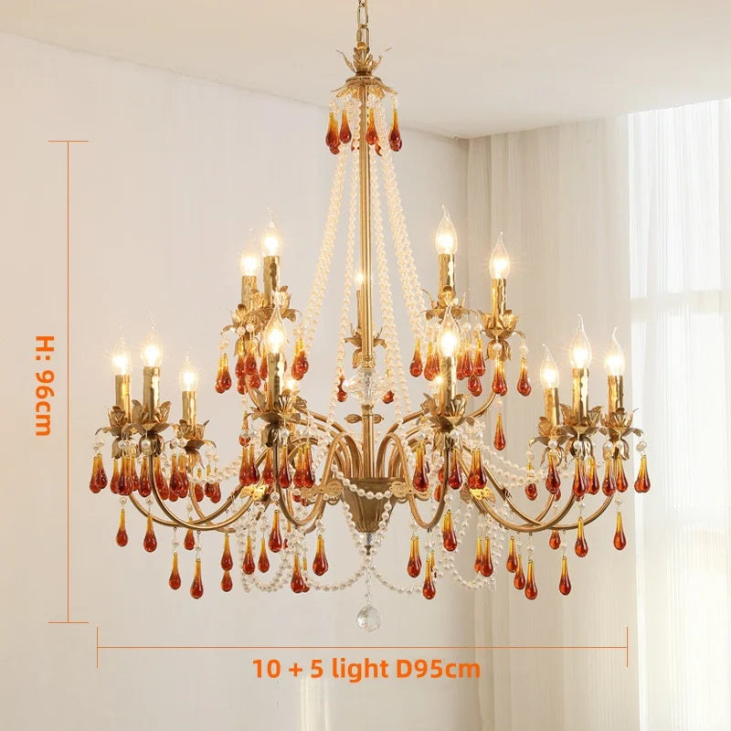 Afralia™ Luxury Red Crystal Candle Chandelier LED Pendant Light - Copper E14 Glamourizing Luminarias