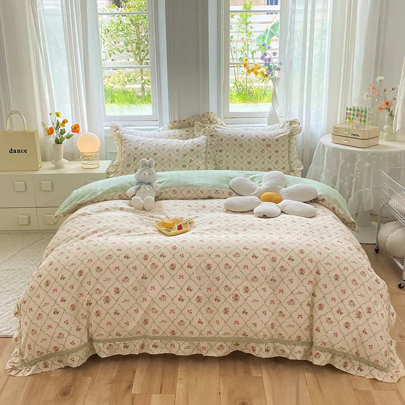 Afralia™ Princess Floral Cotton Bedding Set with Ruffled Edge