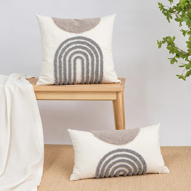 Afralia™ Geometric Embroidery Tassel Cushion Cover - Grey White Simple Loop Tufted Pillow