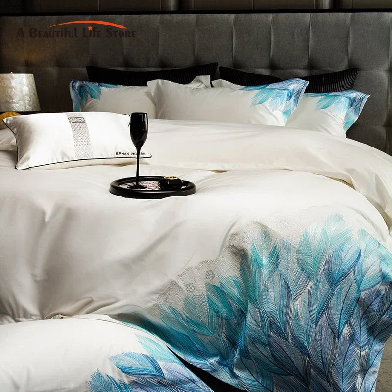 Afralia™ Luxury Feather Embroidery Bedding Set in 1000TC Egyptian Cotton, Queen King Size