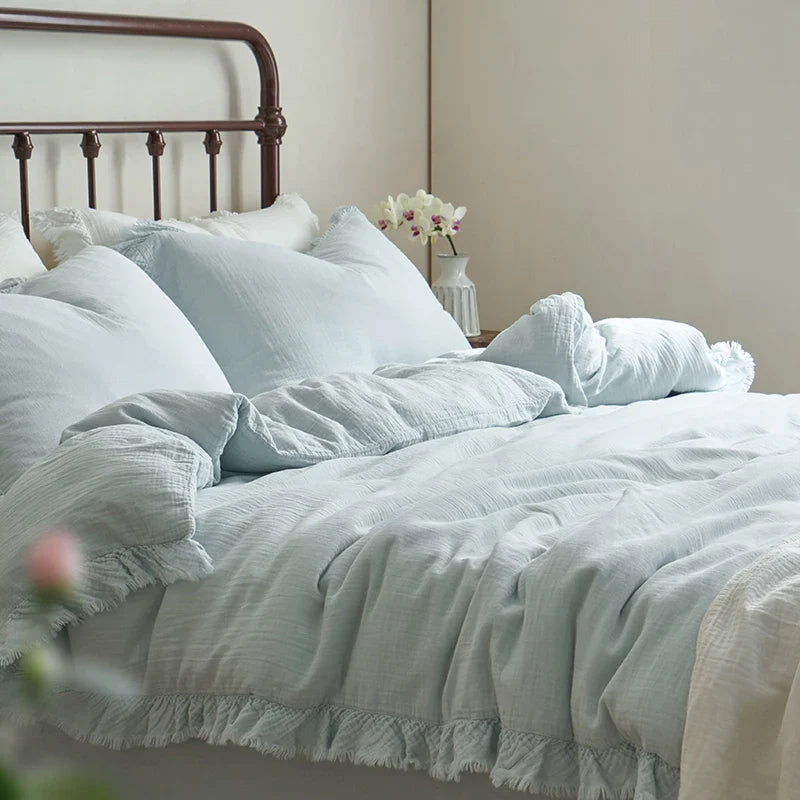 Afralia™ Soft Cotton Tassel Ruffles Bedding Set with Duvet Cover, Sheet & Pillowcases