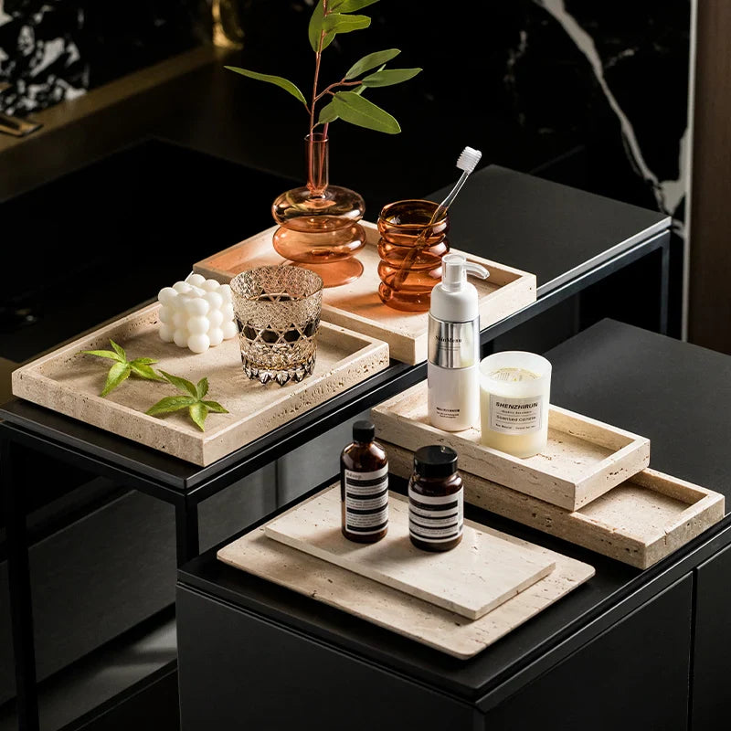 Afralia™ Travertine Bathroom Counter Tray for Soap Dispenser and Kitchen Sink Organizer