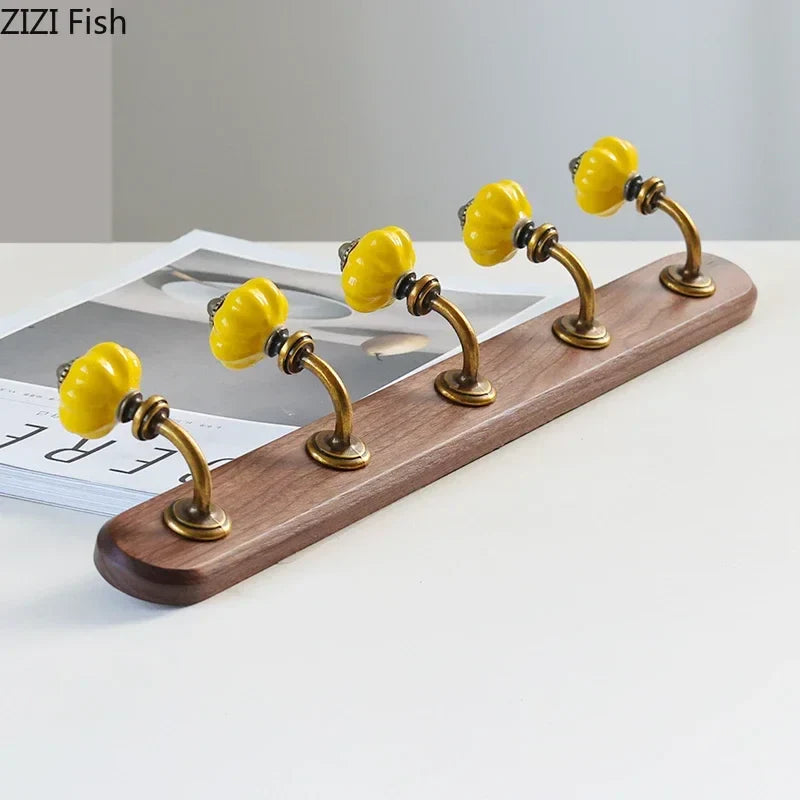 Afralia™ Walnut Wood Multiple Hooks Wall Storage Holder Shelf