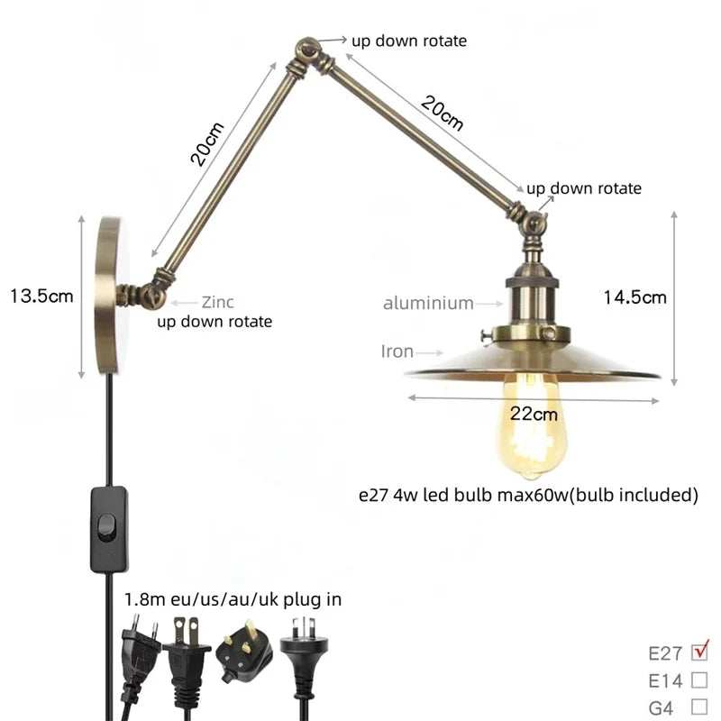 Afralia™ Vintage Industrial Long Arm Adjustable LED Wall Sconce Pull Chain Switch Bedside Lamp