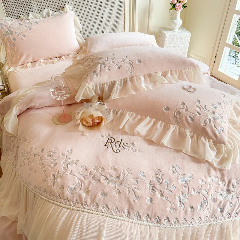 Afralia™ Pink Lace Ruffles Bedding Set, Velvet Duvet Cover, Soft Sheets & Pillowcases