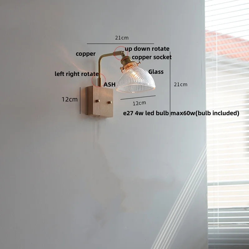 Afralia™ Walnut Wood LED Wall Sconce with Glass Shade & Pull Chain Switch