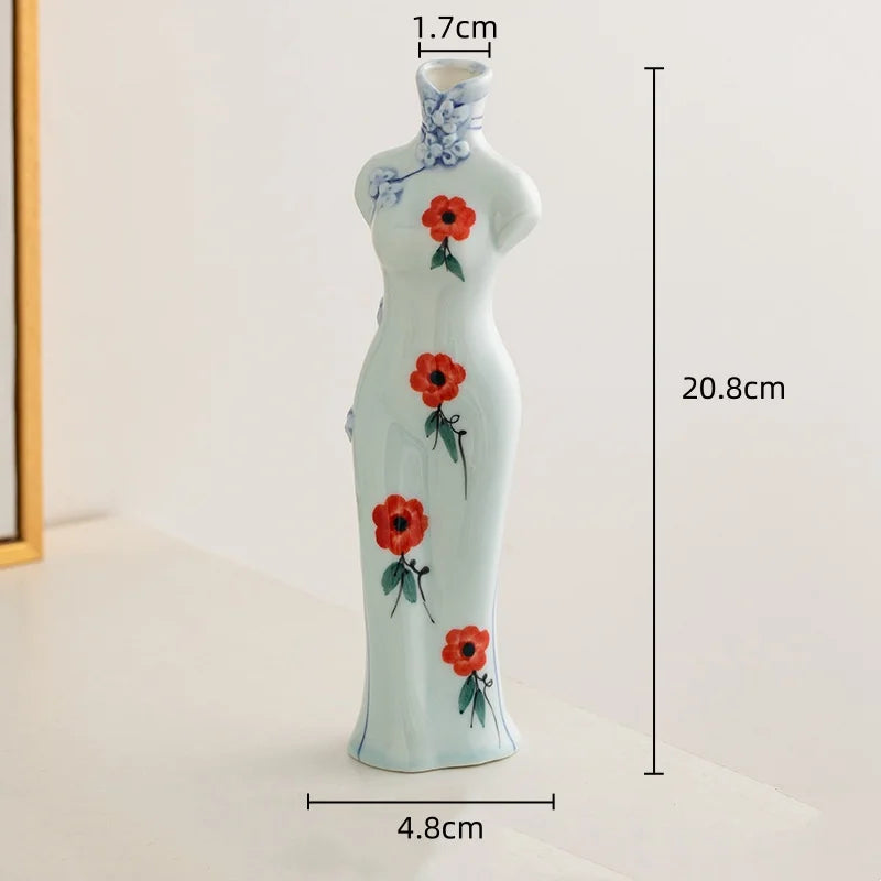 Afralia™ Retro Cheongsam Ceramic Vase Human Figure Maid Home Decor