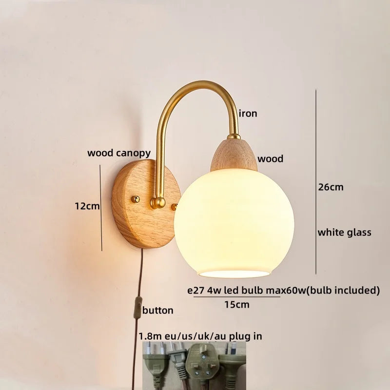 Afralia™ LED Glass Iron Wood Wall Light Fixture Modern Nordic Bedside Lamp
