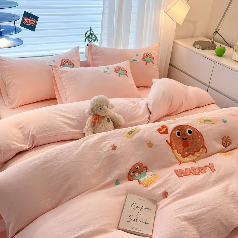 Afralia™ Cartoon Embroidered Cotton Bedding Set for King/Queen Beds
