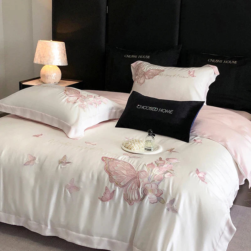 Afralia™ Pink Butterfly Flowers 1000TC Egyptian Cotton Bedding Set - 4Pcs