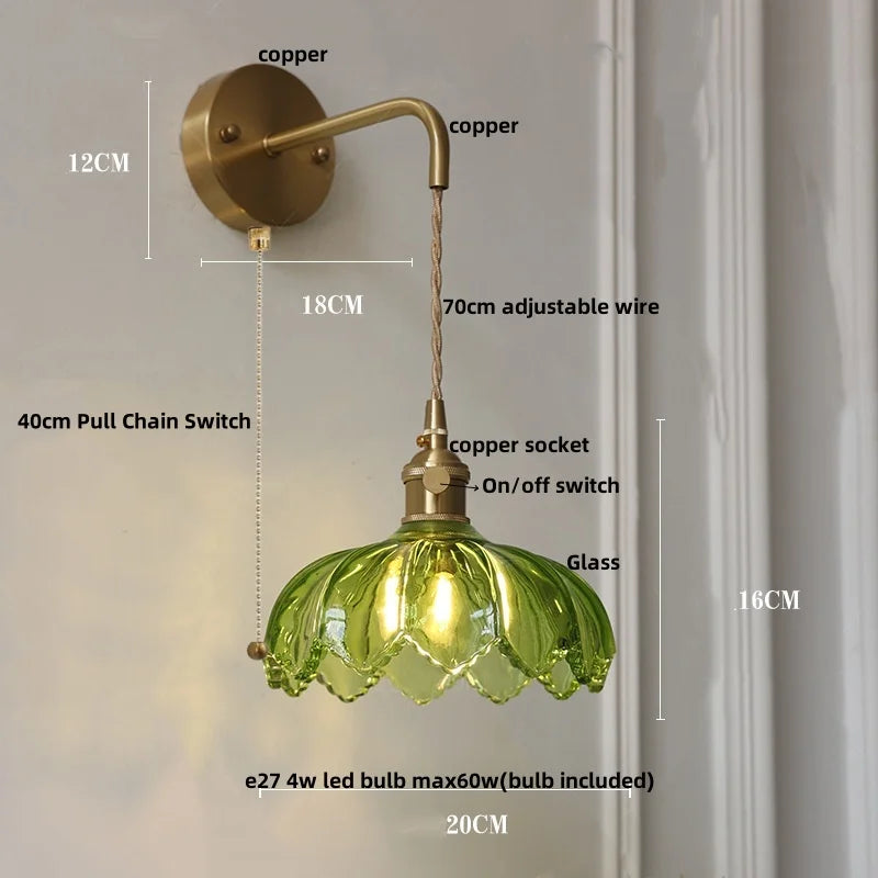 Afralia™ Green Glass LED Wall Lights Fixture with Pull Chain Switch