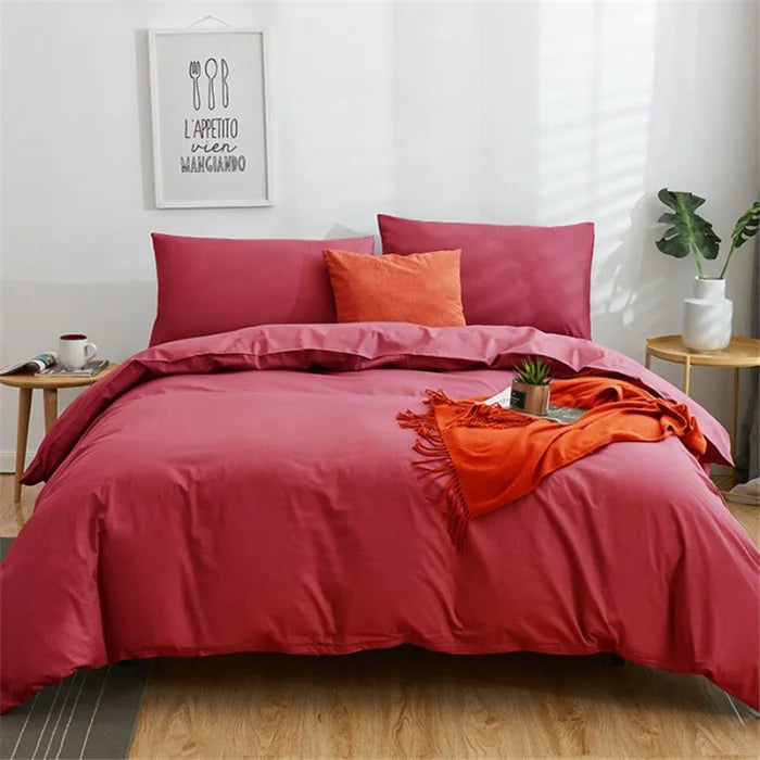 Afralia™ Cotton 4pcs Bedding Set Double Queen Solid Color Duvet Cover Flat Bed Sheet