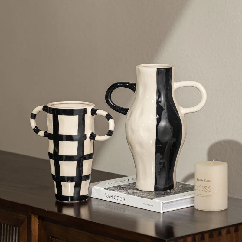 Afralia™ Geometric Check Pattern Ceramic Vase with Handle for Home Decoration