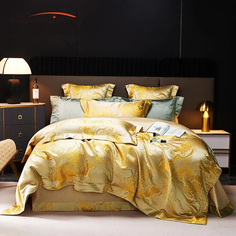Afralia™ Satin Jacquard Bedding Set, Egyptian Cotton, Soft Silky Duvet, Sheet, Pillowcases
