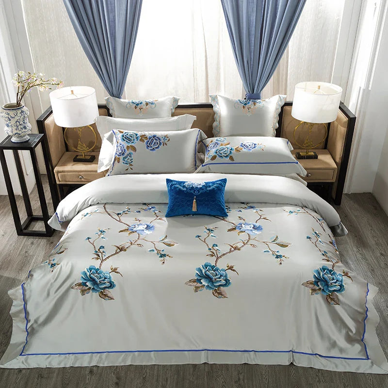 Afralia™ 200S Embroidery Egyptian Cotton Bedding Set for Queen King Linens