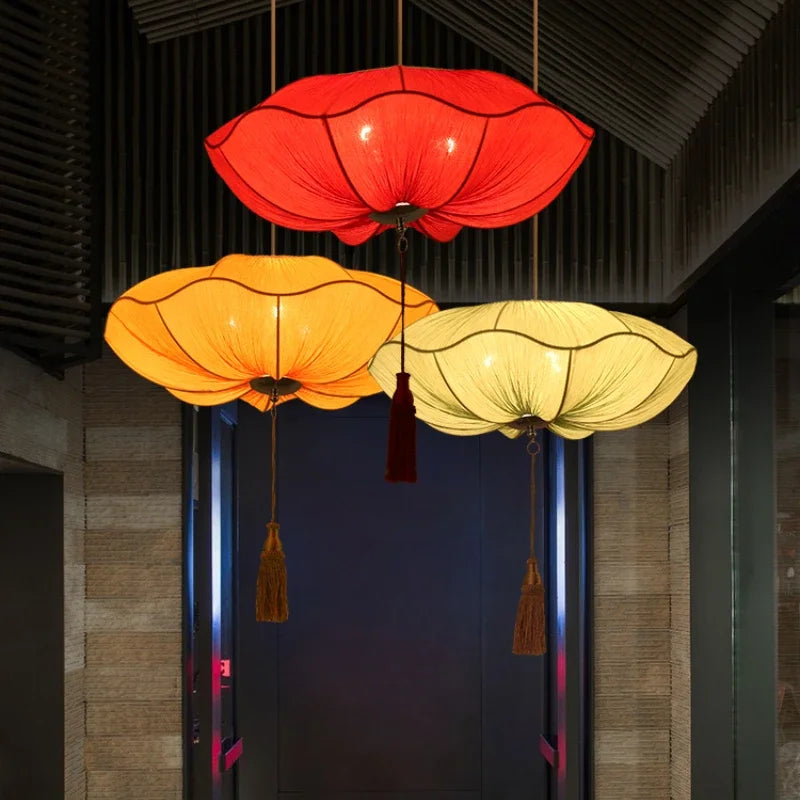Afralia™ Lotus Leaf Lantern Pendant Light Handmade Fabric Hanging Lamp for Kitchen & Restaurant
