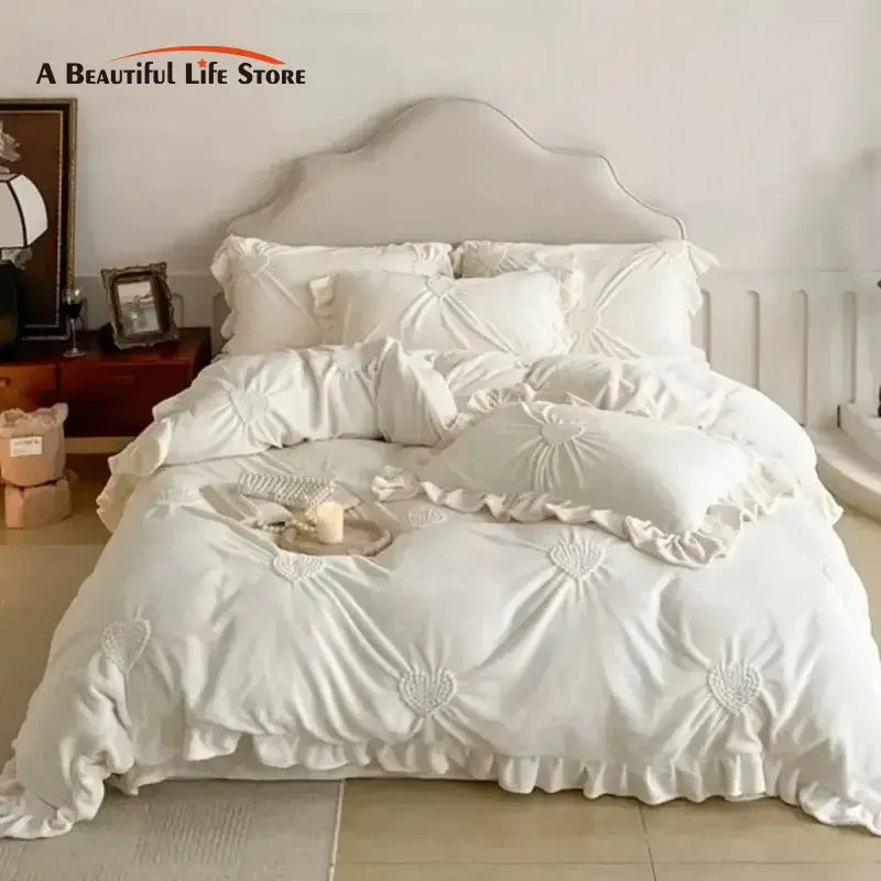 Afralia™ Velvet Ruffles Winter Bedding Set: Plush & Warm Heart Twisted Flowers Theme
