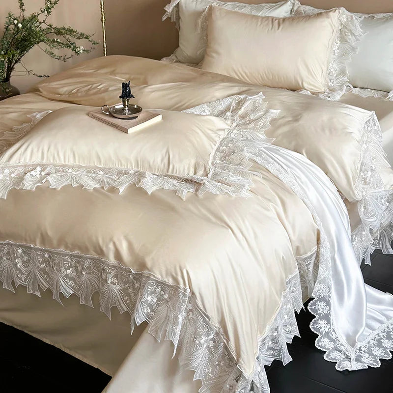 Afralia™ Romantic Lace Ruffles Bedding Set in Lyocell Cotton, Silky Duvet Cover, Bed Sheet, Pillowcases