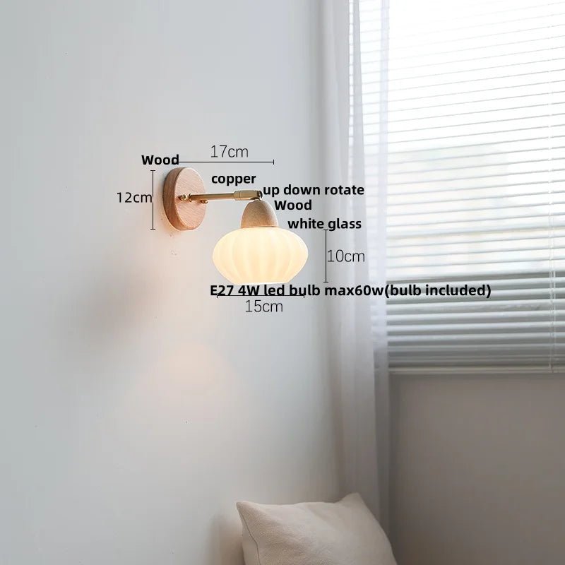 Afralia™ Wood Canopy LED Wall Lights Pull Chain Switch Amber Glass Modern Bedside Sconce