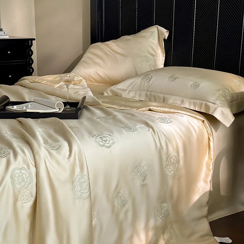 Afralia™ Eucalyptus Fiber Flower Embroidery Quilt Set with Bed Sheet & Pillowcase