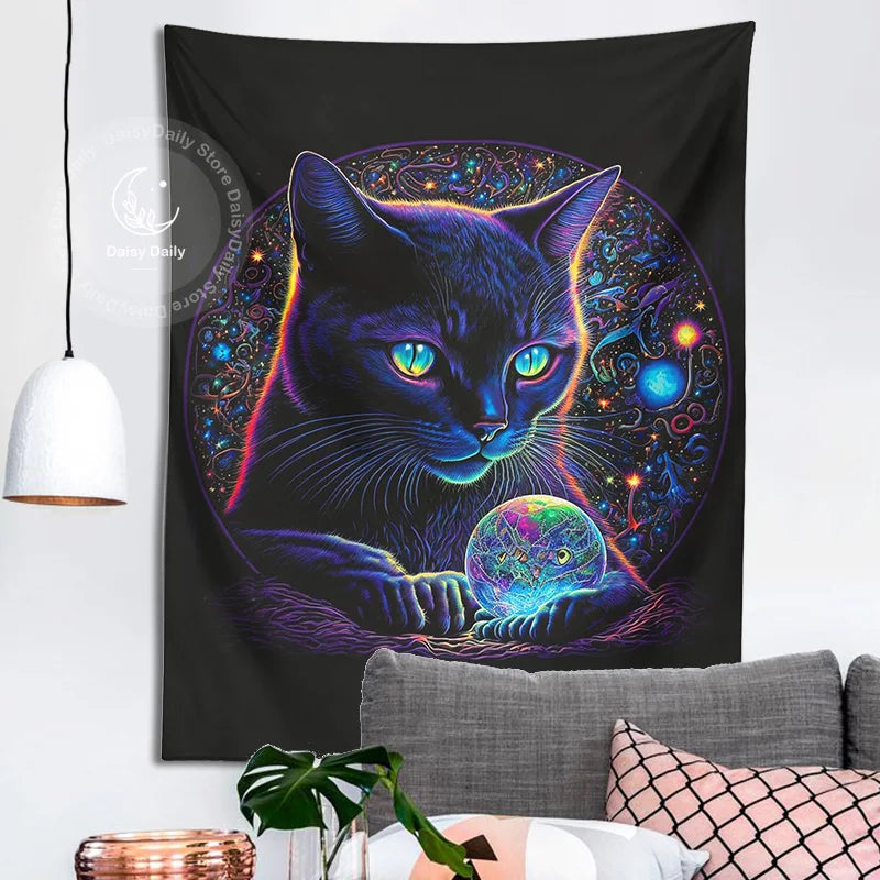 Afralia™ Black Cat Tapestry: Trippy Magic Crystal Ball Wall Art for Boho Home Decor