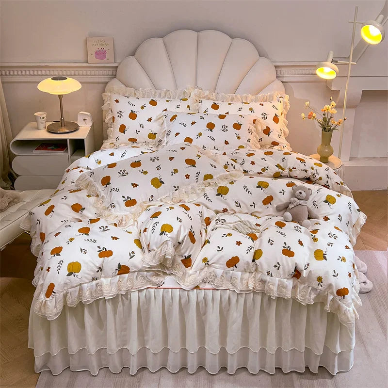 Afralia™ Princess Lace Ruffles Floral Bedding Set with Duvet Cover and Bed Skirt