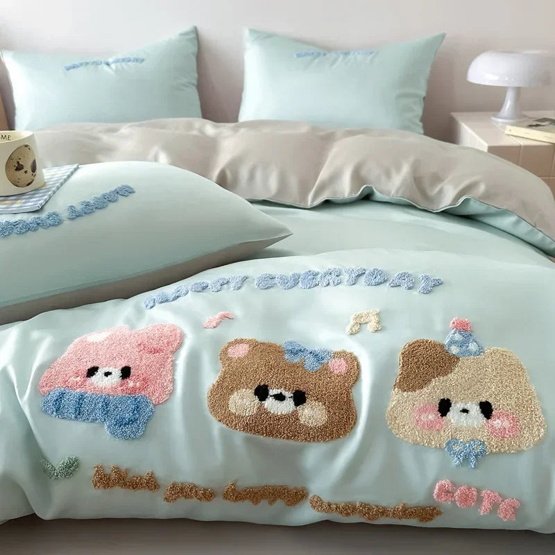 Afralia™ Cartoon Embroidered Cotton Bedding Set with Ice Silk Cooling Technology