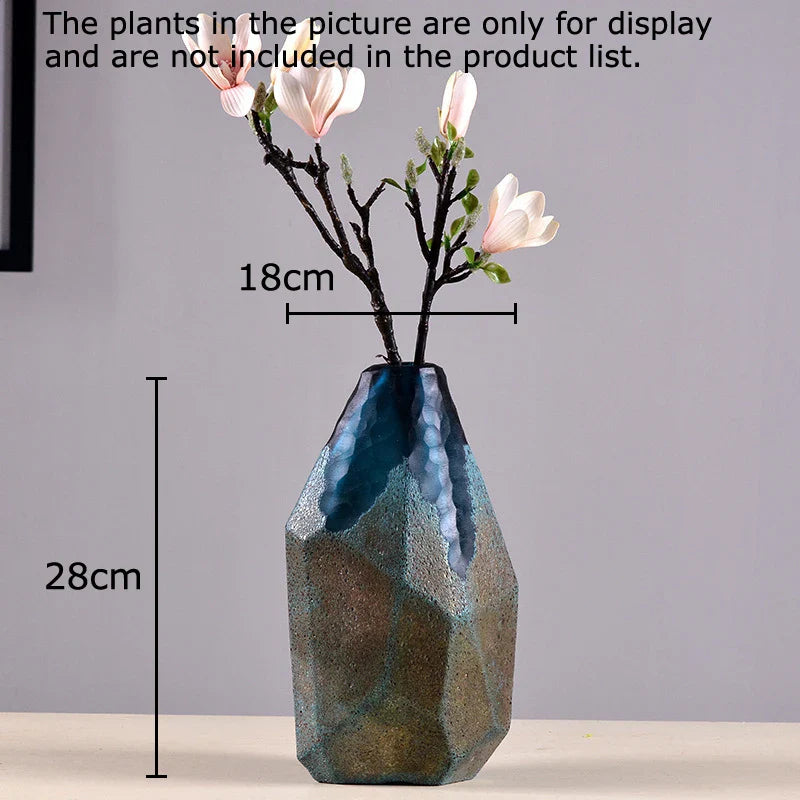 Afralia™ Modern Blue Glass Vase Geometric Texture Desk Decor Flowers Arrangement