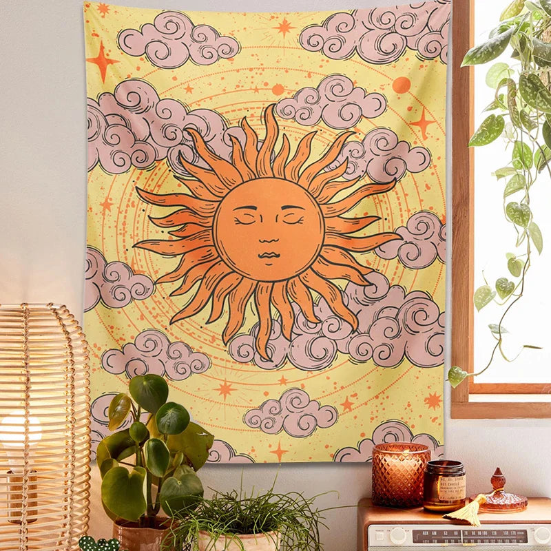 Celestial Sun Moon Tapestry: Vintage Witchy Goddess Print for Retro 70s Vibes by Afralia™