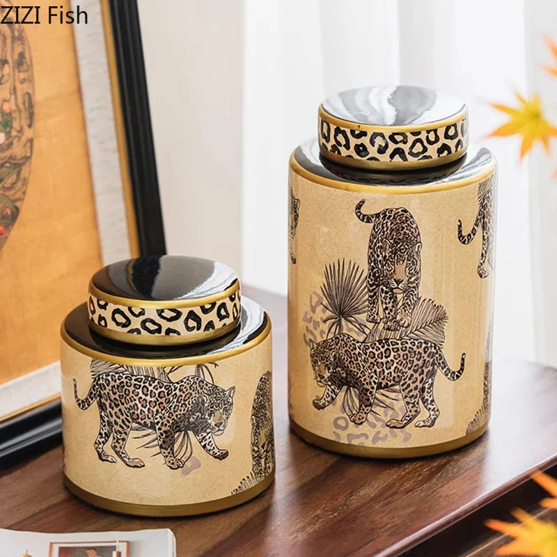Afralia™ Leopard Pattern Tank Ceramic Storage Jar with Lid for Jewelry and Cosmetics