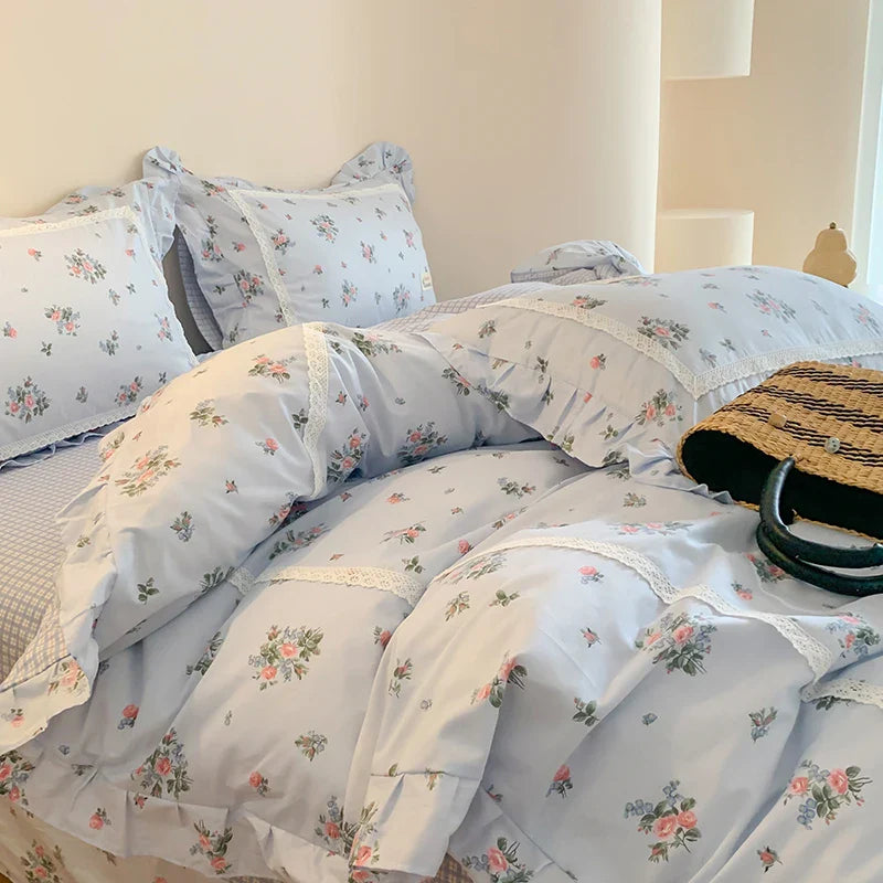 Afralia™ Princess Pastoral Cotton Bedding Set with Lace Ruffles & Floral Design