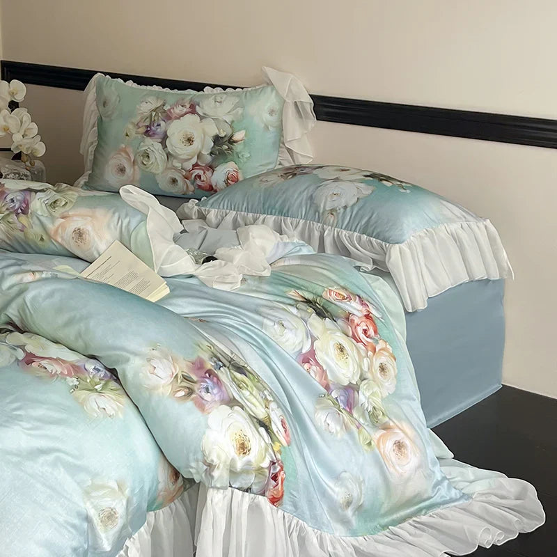 Afralia™ French Flowers Lace Ruffles Bedding Set: Soft Silky Ice Silk for Single Queen King