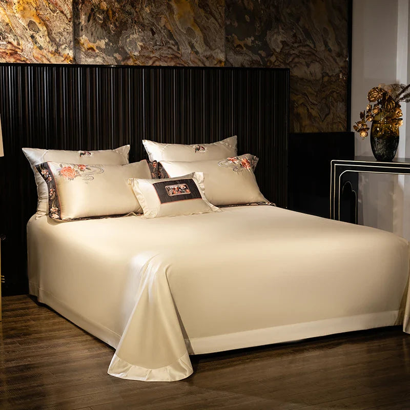 Afralia™ Champagne Flowers Embroidery Luxury Bedding Set - Satin Brocade Cotton Bedding