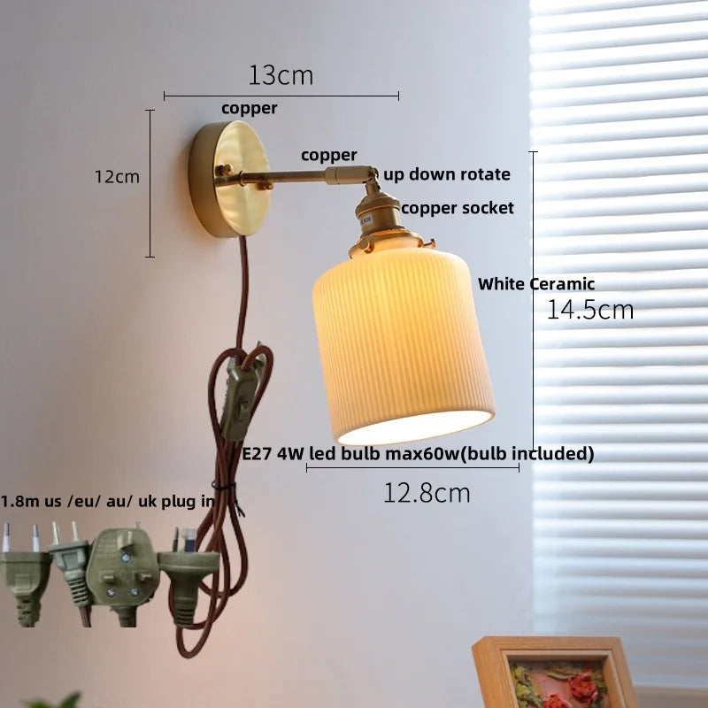 Afralia™ Copper Canopy LED Wall Sconce, White Ceramic Bedside Light for Bedroom, Modern Nordic Design