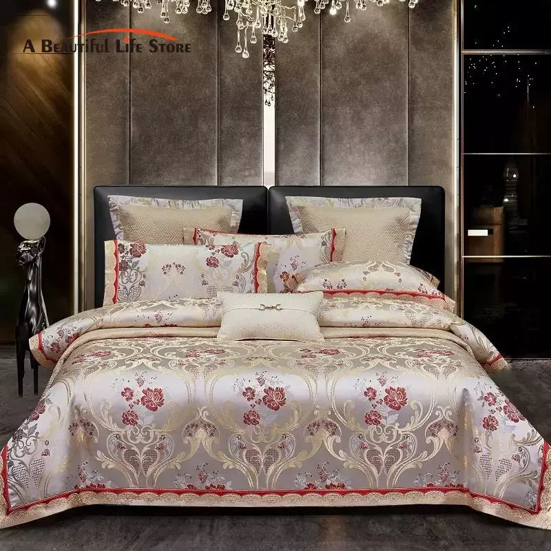 Afralia™ Silky Satin Jacquard Cotton Bedding Set, Luxury European Style, 4 or 6 Pcs
