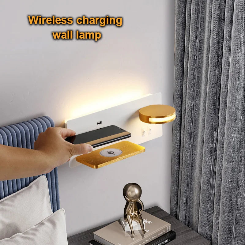 Afralia™ Modern LED Wall Lamp with Wireless Charging, USB Port, and Switch