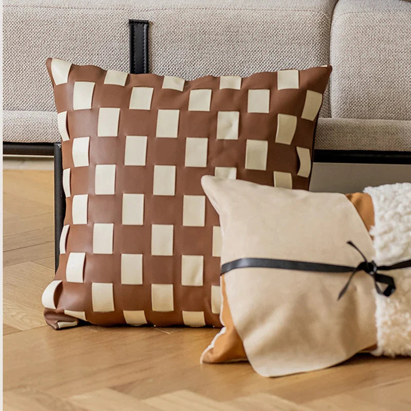 Afralia™ Maillard Brown Patchwork PU Leather Woven Pillow Cover for Modern Home Decor