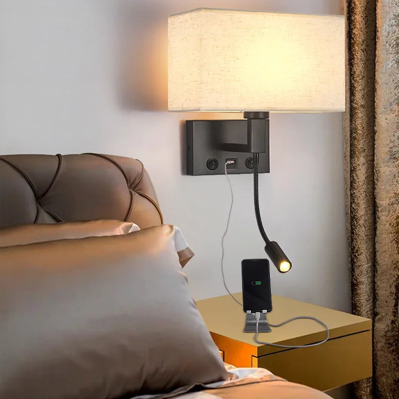 Afralia™ USB Port Bedside Wall Lamp with LED Light for Reading and Phone Charging