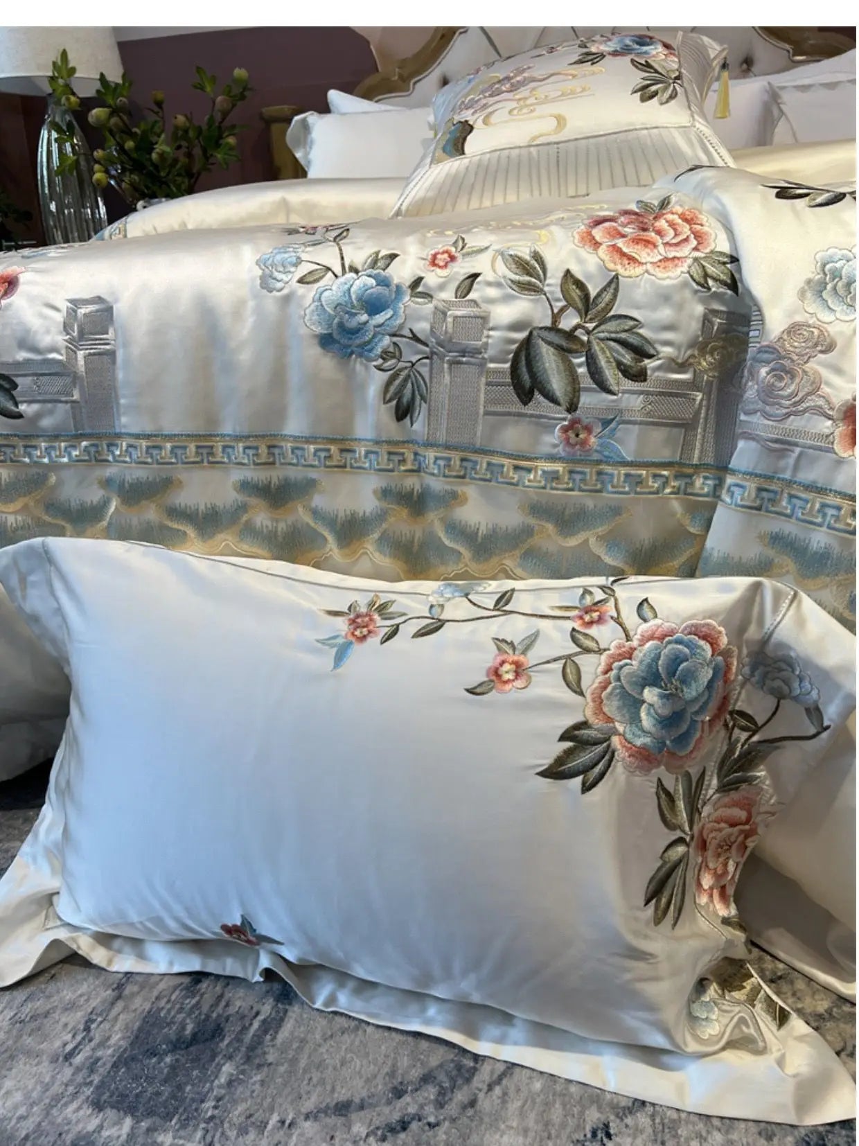 Afralia™ Luxe Peony Embroidered Bedding Set with Egyptian Cotton, Duvet Cover, Sheet, Pillowcase