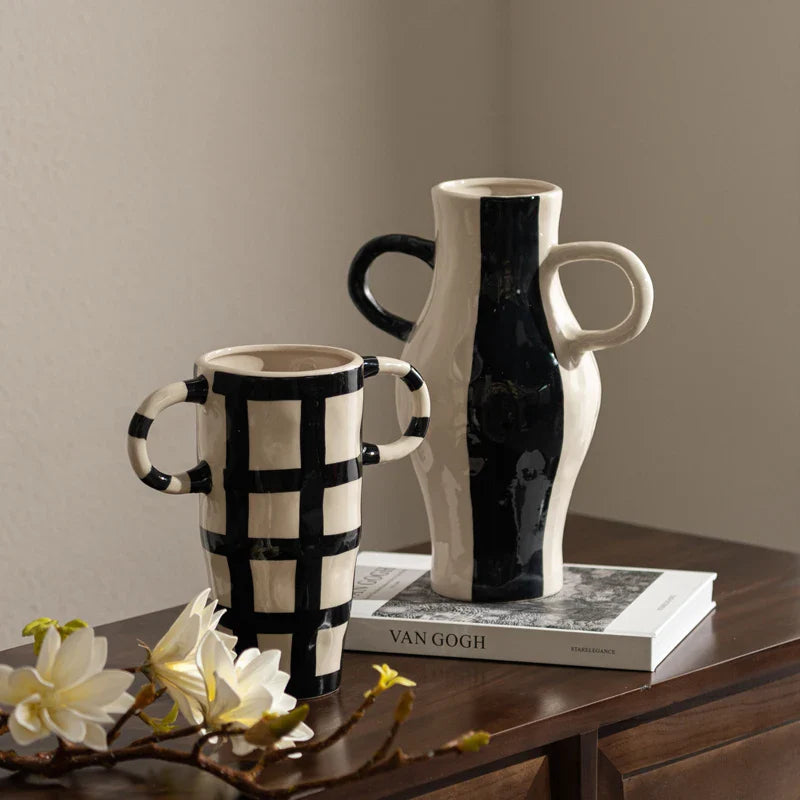 Afralia™ Geometric Check Pattern Ceramic Vase with Handle for Home Decoration