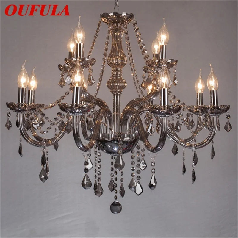 Afralia™ Smoky Grey Crystal LED Candle Chandelier for Home Hotel Hall