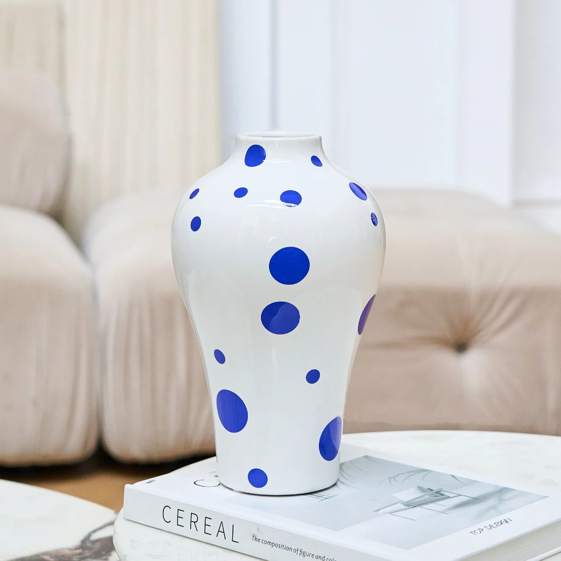 Afralia™ Blue Geometric Quilted Ceramic Vase - Polka Dots Pattern - Home Decor Craft