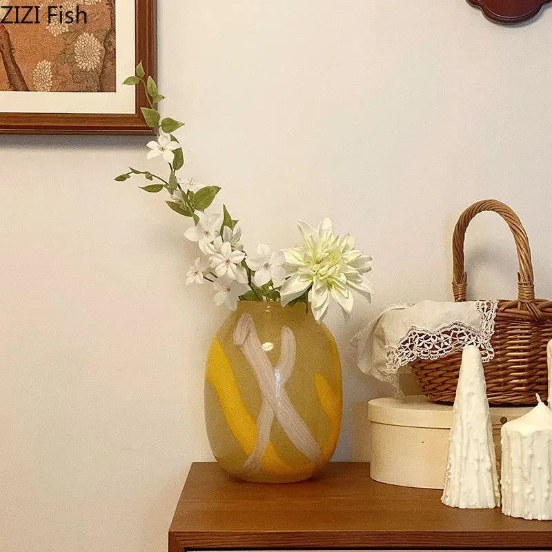 Afralia™ Striped Glass Vase Desk Decoration with Artificial Flowers