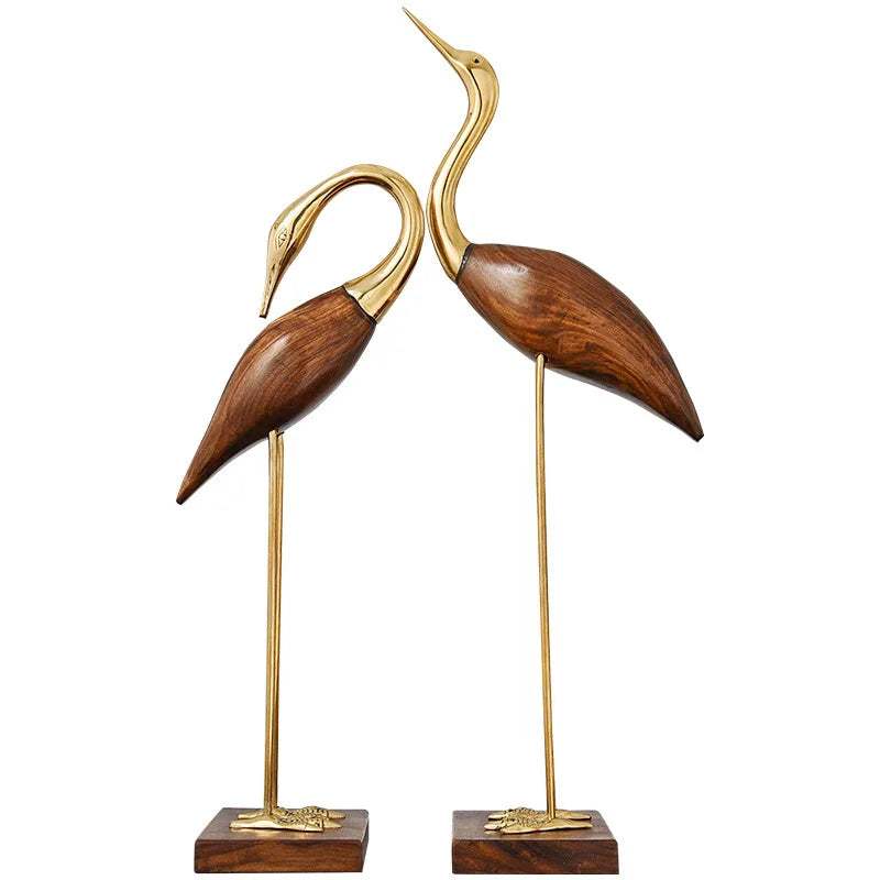 Afralia™ Wooden Crane Swan Brass Sculpture Home Decor Figurine