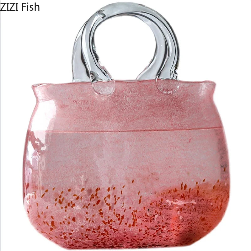 Afralia™ Pink Glass Flower Vase Terrarium Basket Home Decor Accessory