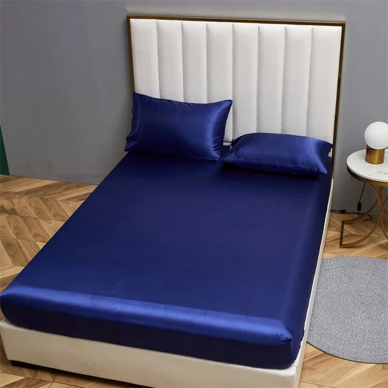 Satin Silky Fitted Sheet with Elastic Band by Afralia™ in Queen/King Size