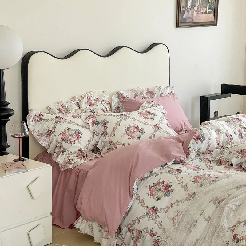 Afralia™ Vintage Rose Lace Ruffles Bedding Set - 100% Cotton French Style