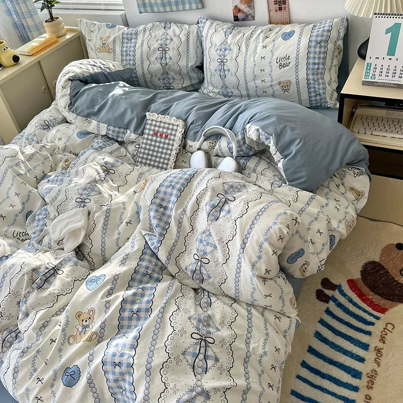 Afralia™ Cute Cartoon Washed Cotton 4-Piece Bedding Set for Spring Soft Skin-Friendly Sheets