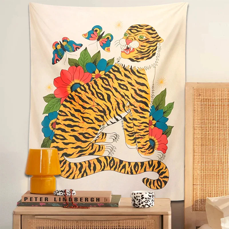 Afralia™ Tiger Tapestry: Hippie Boho Wall Hanging with Floral Butterfly, Psychedelic Animal Art