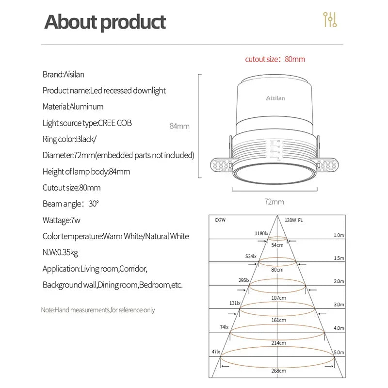 Afralia™ Frameless LED Downlight 7W for Living Room Bedroom, Anti-glare Spot Light